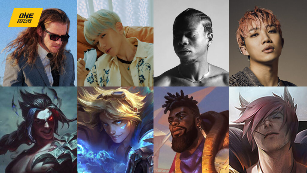 Heartsteel boyband members and collaborations featuring Baekhyun as Ezreal, Cal Scruby as Kayn, Ozi as sett, and Tobi Lou as K'Sante