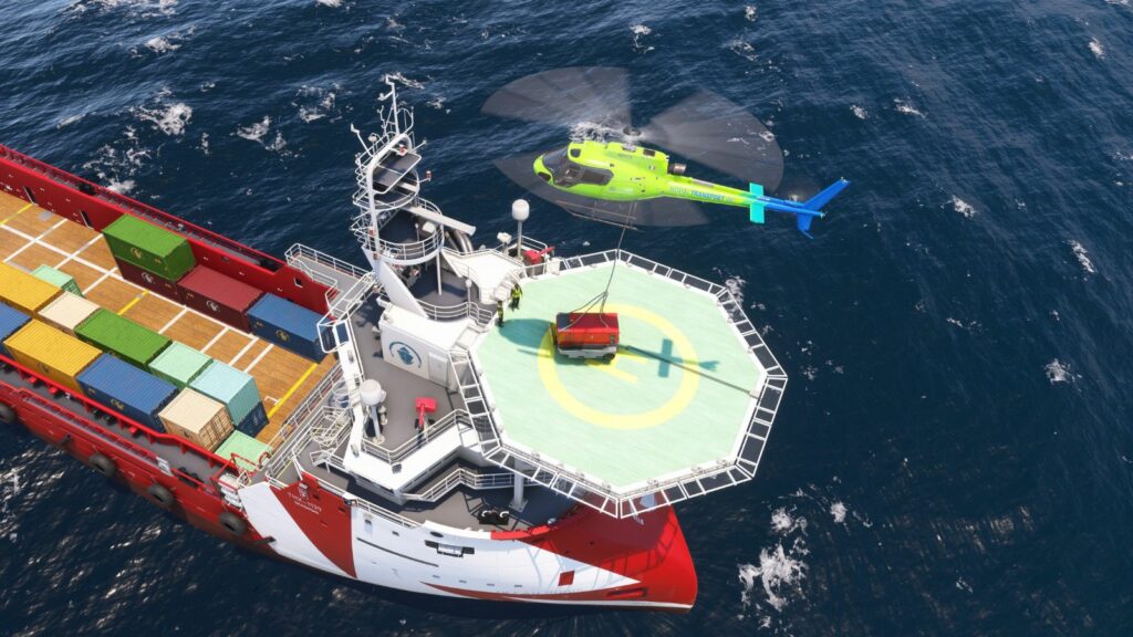 A helicopter carrying a package in Microsoft Flight Simulator 2024